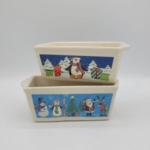 Set of 2 Nantucket Christmas Mini Loaf Pans Ceramic 6.5"x3.5" Santa & Penguin